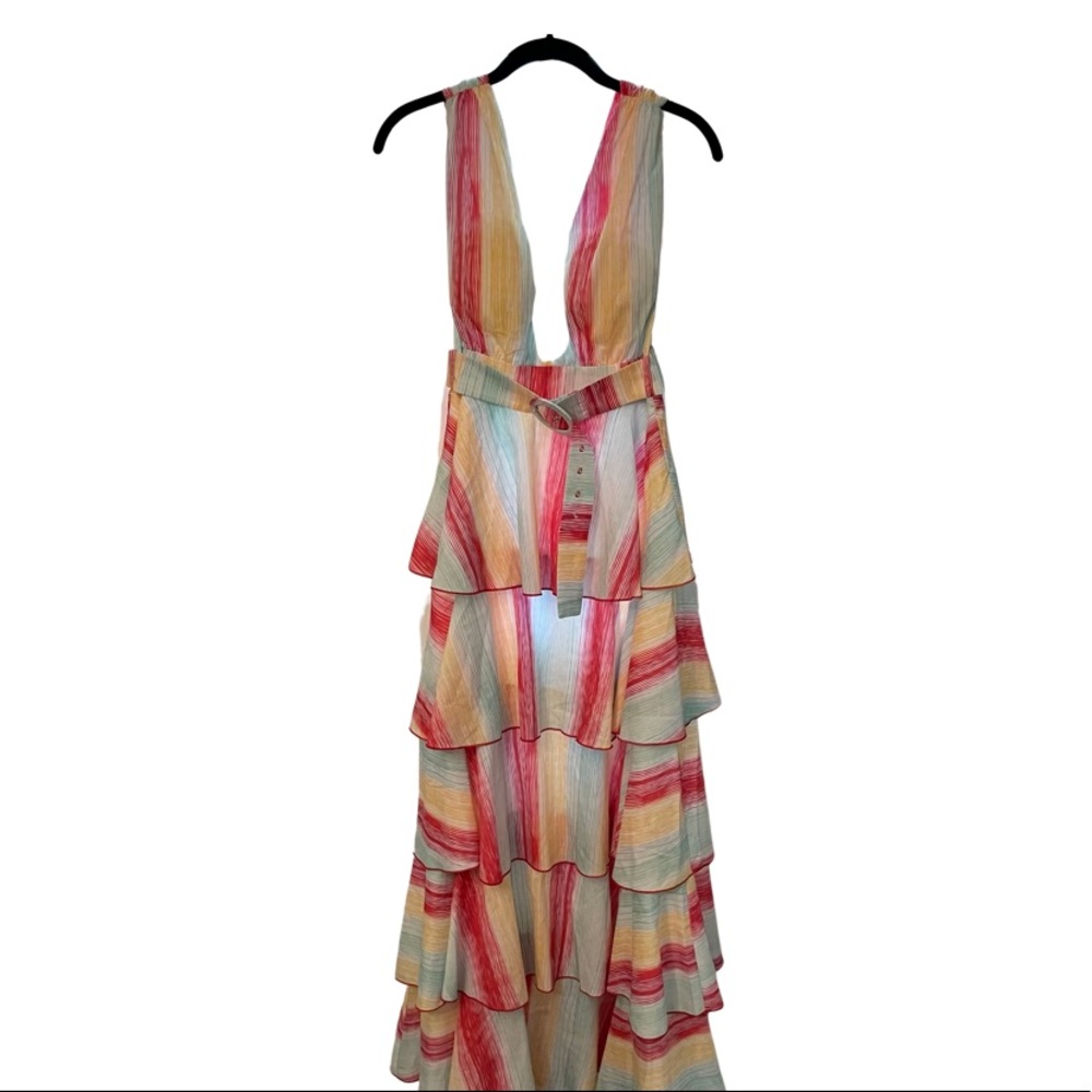 L’Atiste by Amy NWT New with Tags Multi Ruffle Layer Maxi Dress V Neck with Belt